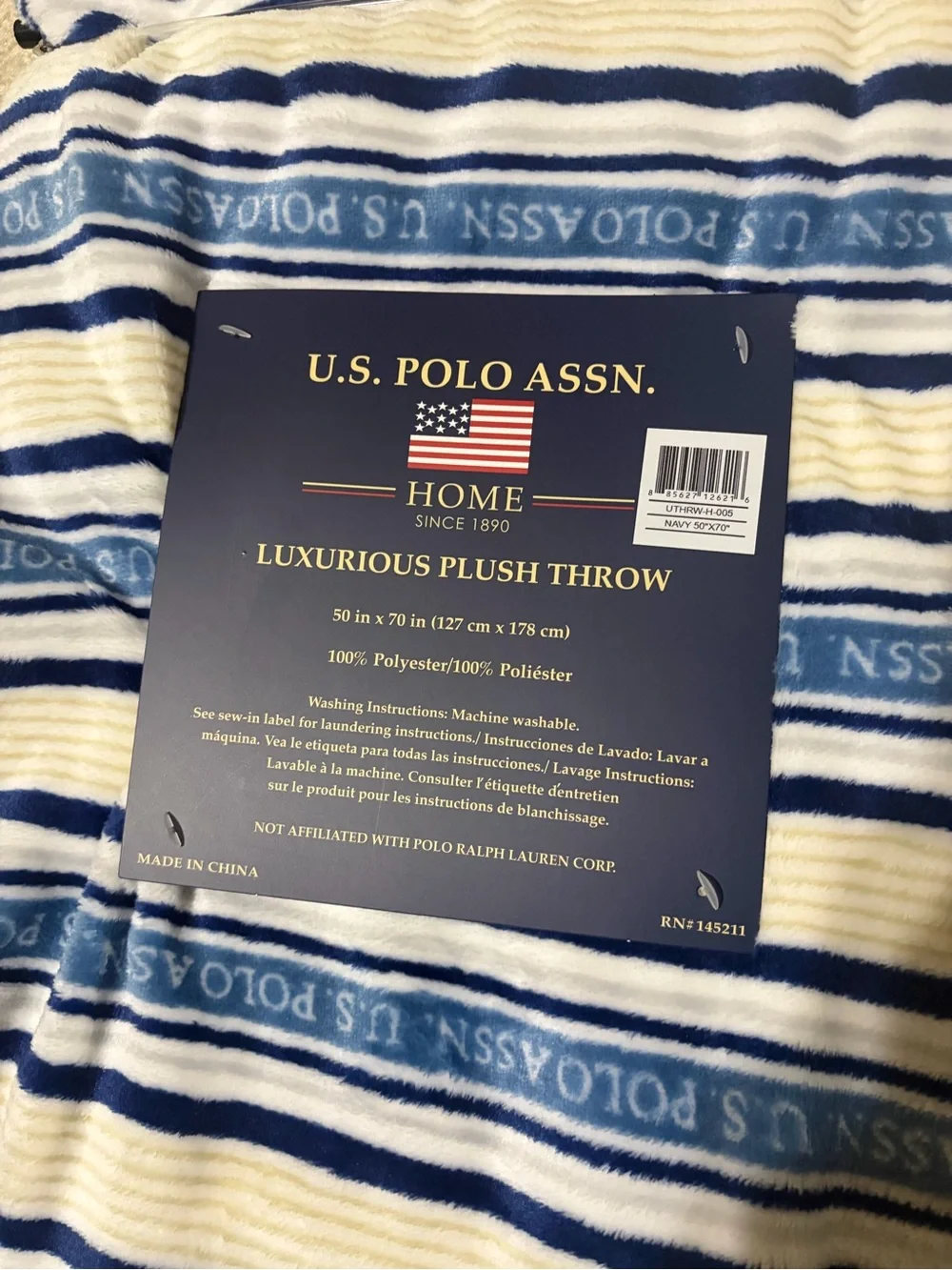 U.S. Polo Assn. Blue & White Striped Plush Throw Blanket